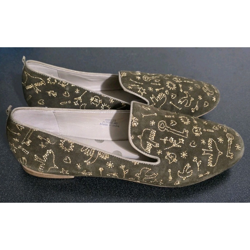 Boden Olive Green Embroidered Suede Leather Flats Loafer 40 9.5 Boho Core EUC